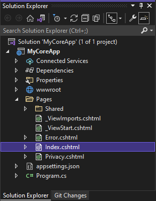 Schermopname toont Index.cshtml geselecteerd onder het knooppunt Pagina's in Solution Explorer.