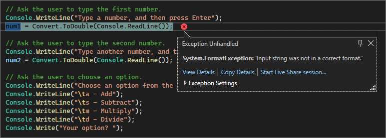 Schermopname met een niet-verwerkte indelingsfout in de Code-editor van Visual Studio.