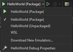 Schermopname met de vervolgkeuzelijst geopend naast de knop Afspelen met 'HelloWorld (Pakket)' geselecteerd.