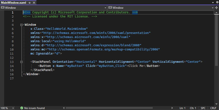 Schermopname met MainWindow.xaml geopend in de Visual Studio IDE. In het deelvenster XAML-editor worden de XAML-markeringen voor het venster weergegeven.