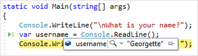 Schermopname van een variabele waarde tijdens foutopsporing in Visual Studio.