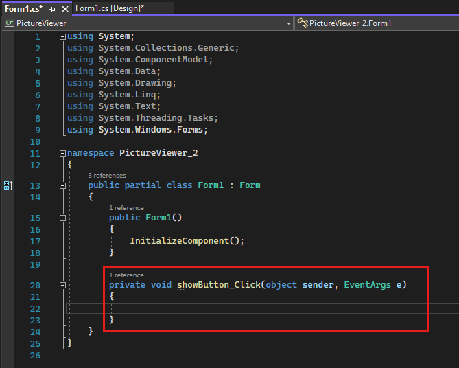 Schermopname toont het tabblad Form1.cs met Visual C#-code.