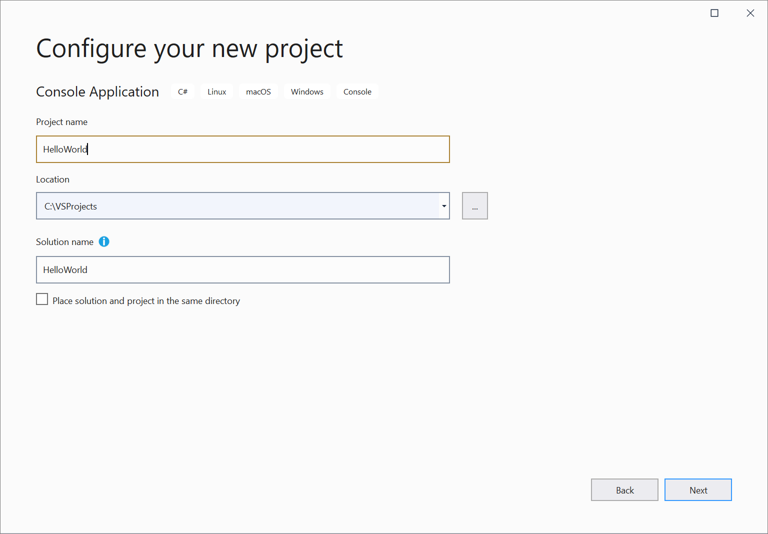 Schermopname van het venster Uw nieuwe project configureren in Visual Studio 2019, waarin u de naam van het project invoert.