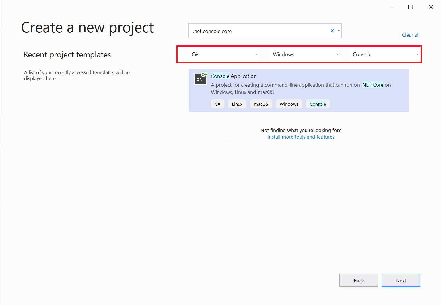 schermopname van het venster Een nieuw project maken in Visual Studio 2019, waarin u de gewenste sjabloon selecteert.