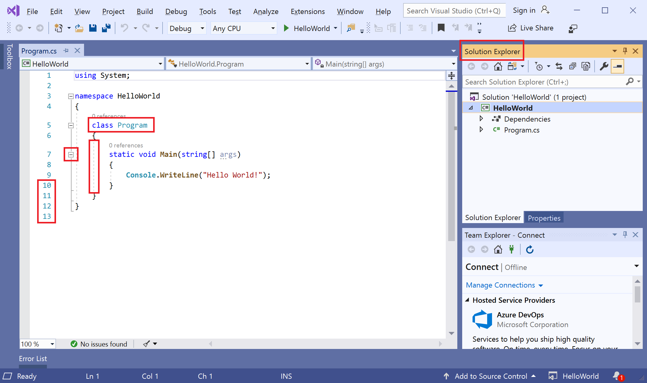 Schermopname met de Visual Studio IDE met rode vakken.