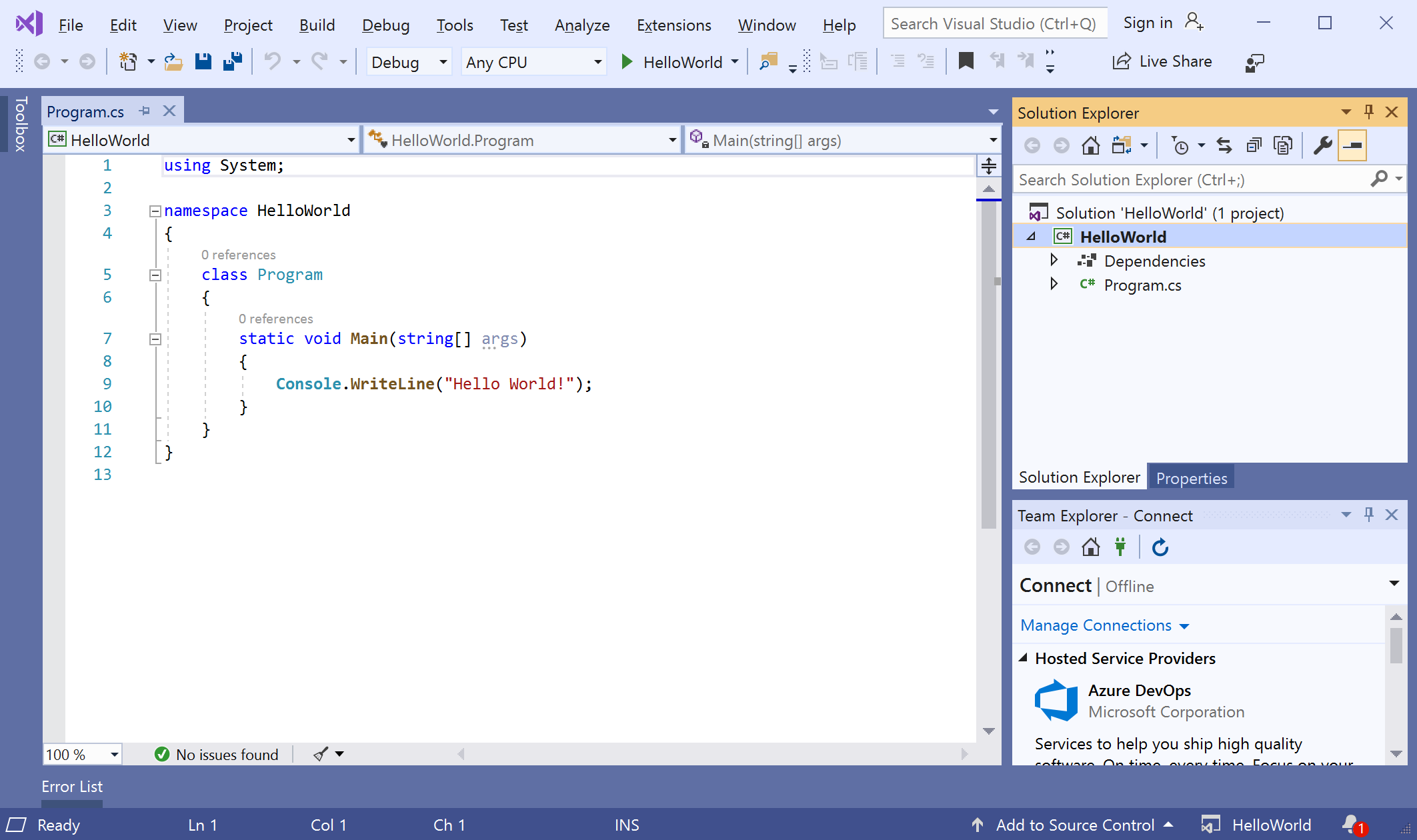 Schermafbeelding die de Visual Studio IDE toont.