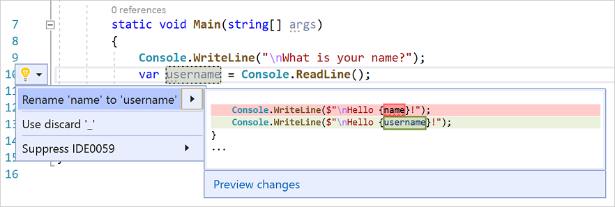 Schermopname met de actie Naam wijzigen in Visual Studio.