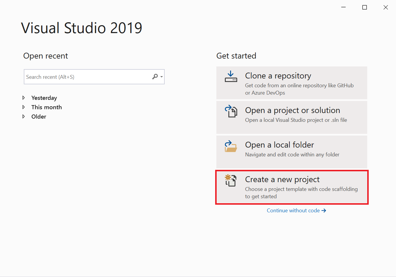 schermopname van het venster Een nieuw project maken in Visual Studio 2019.