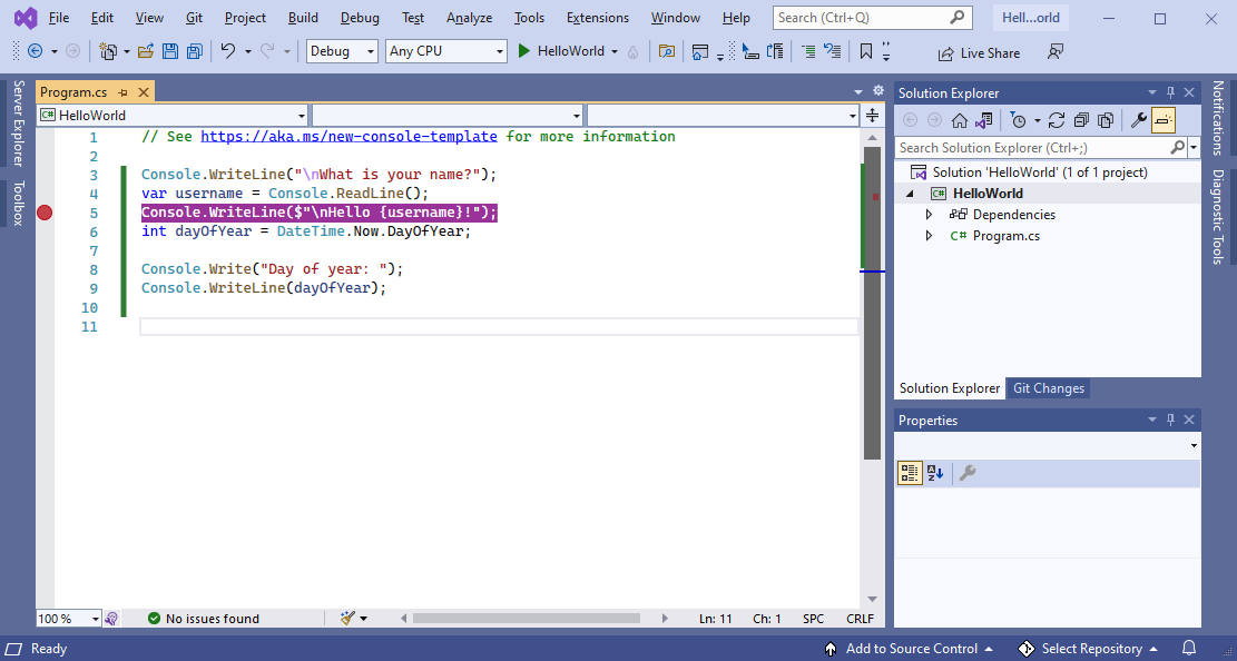 Schermopname van Visual Studio in blauw thema.