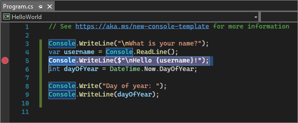 Schermopname van een onderbrekingspunt op een regel code in Visual Studio.