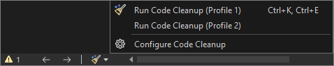 Schermopname met het pictogram en het menu Code opruimen in Visual Studio.