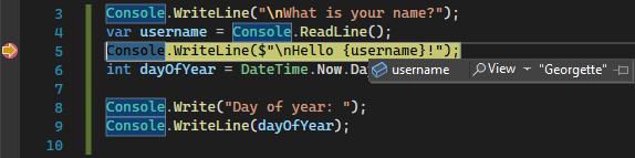 Schermopname van een variabele waarde tijdens foutopsporing in Visual Studio.