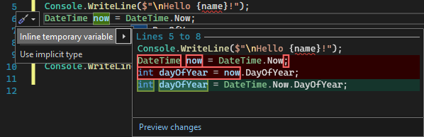 Schermopname van de tijdelijke suggestie voor inlinevariabelen in Visual Studio.