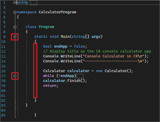 Schermopname met de Visual Studio IDE met rode vakken.