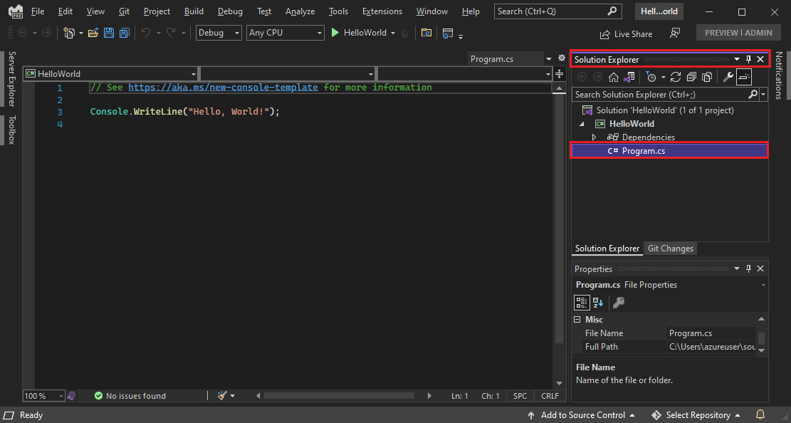 Schermopname van Visual Studio IDE met de Program.cs code in de editor.