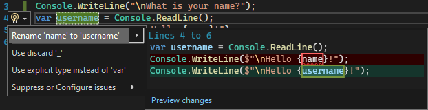 Schermopname met de actie Naam wijzigen in Visual Studio.