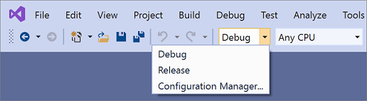 Bouwconfiguratiekiezers in Visual Studio 2019.