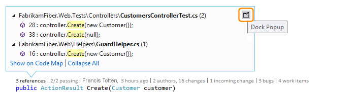 schermopname van de knop Dock in het venster CodeLens-indicator in Visual Studio 2019.