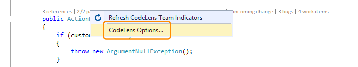 Schermopname van CodeLens: indicatoren uitschakelen of inschakelen in Visual Studio 2019.