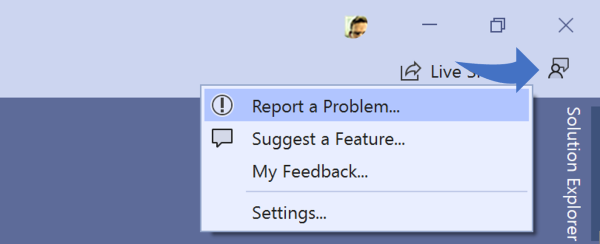 Schermopname met het feedbackpictogram dat is geselecteerd in de rechterbovenhoek van het Visual Studio-venster en een probleem melden dat is geselecteerd in het contextmenu.