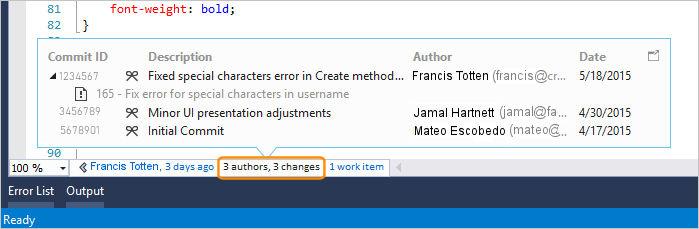 Schermopname met CodeLens-details op bestandsniveau in Visual Studio 2019.