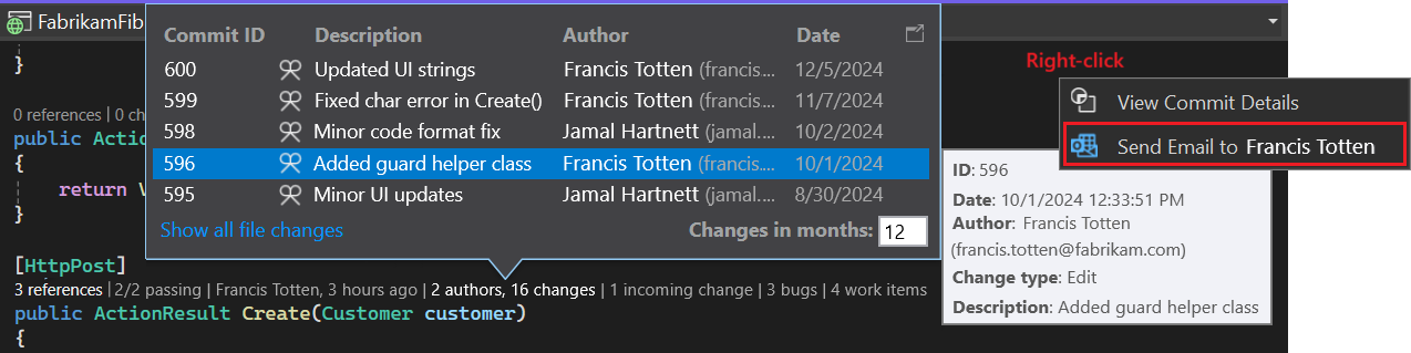 Schermopname die laat zien hoe u details kunt bekijken over wijzigingen die zijn aangebracht door uw teamleden in CodeLens voor Visual Studio.