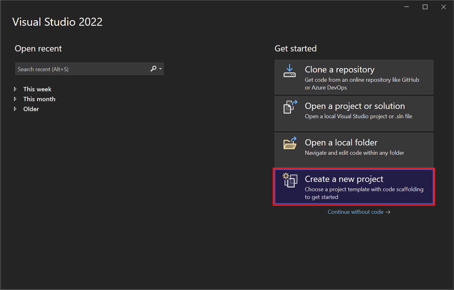 Schermopname van het dialoogvenster Een nieuw project maken vanuit het startvenster in Visual Studio 2022.