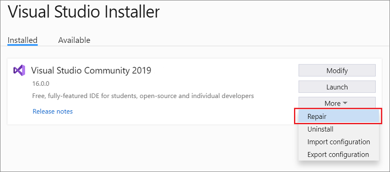 Schermopname met de optie Herstellen in het vervolgkeuzemenu Meer van het Visual Studio-installatieprogramma.