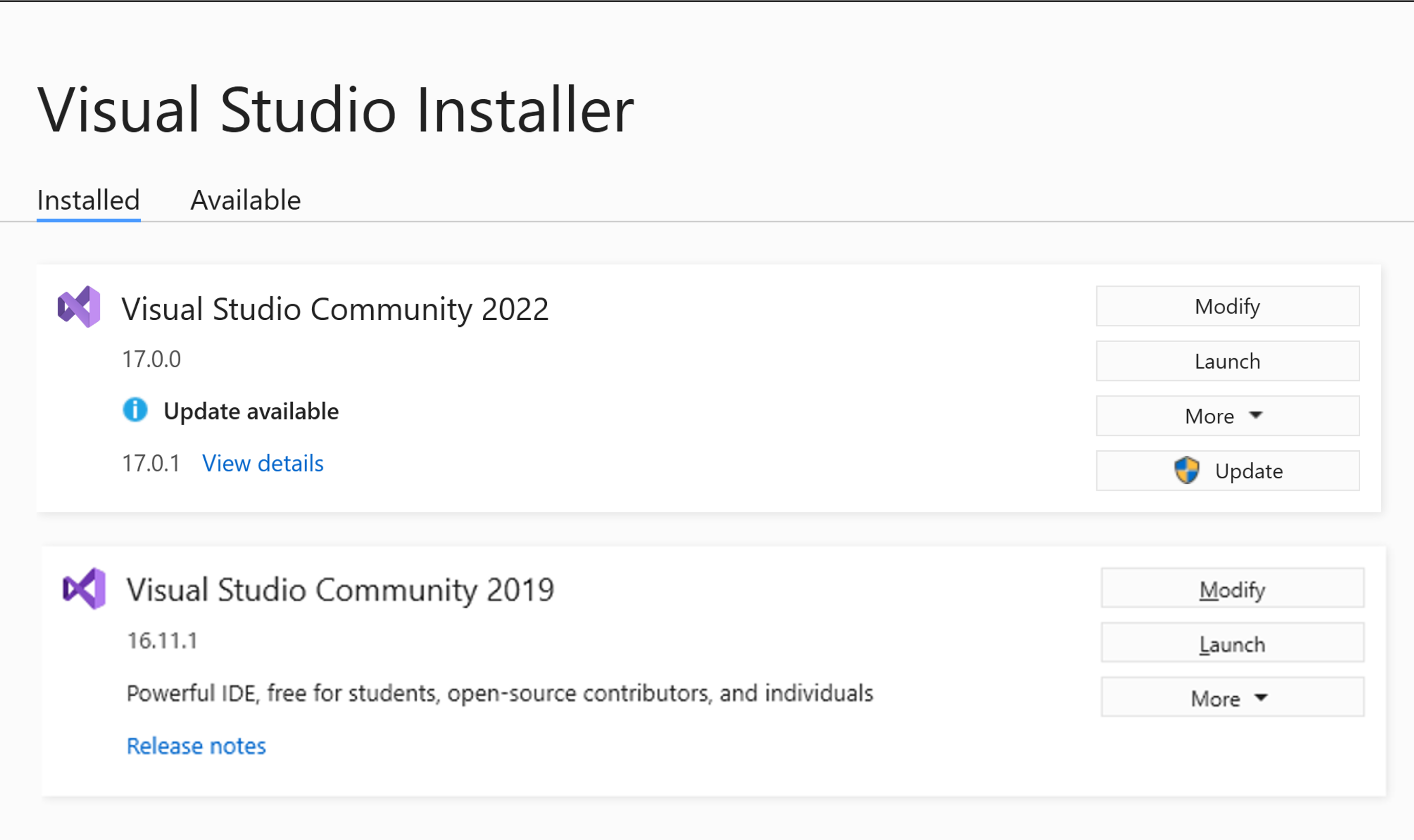 Screenshot of a list of Visual Studio installations in the Visual Studio Installer.