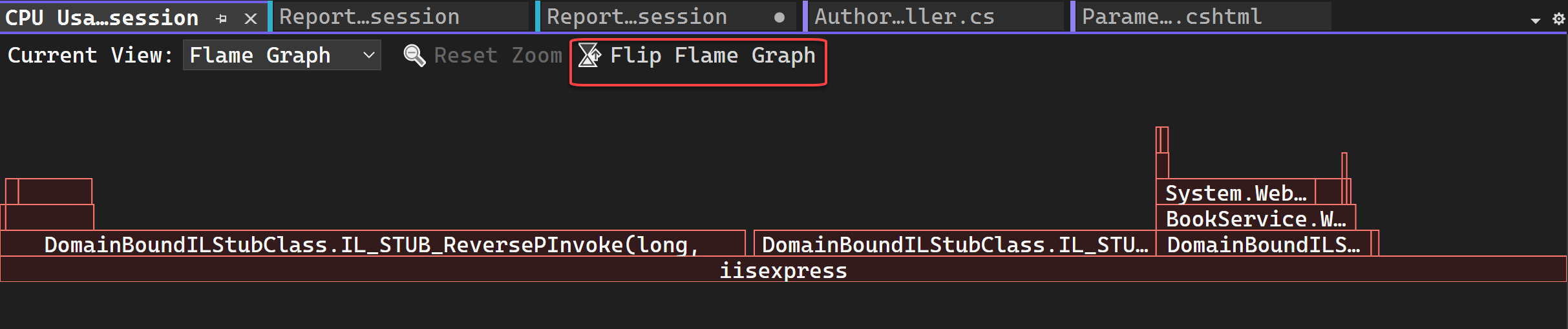 Schermopname met Flip Flame Graph geselecteerd.