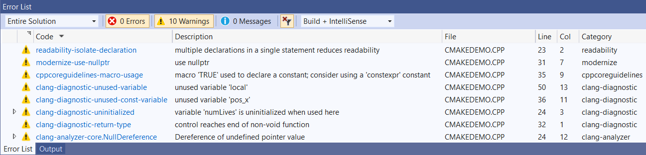 Clang-Tidy warnings in the Error List