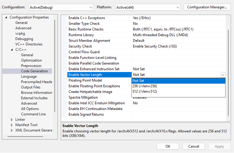 de optie Vectorlengte inschakelen onder C/C++ → codegeneratie instellen op 256 of 512