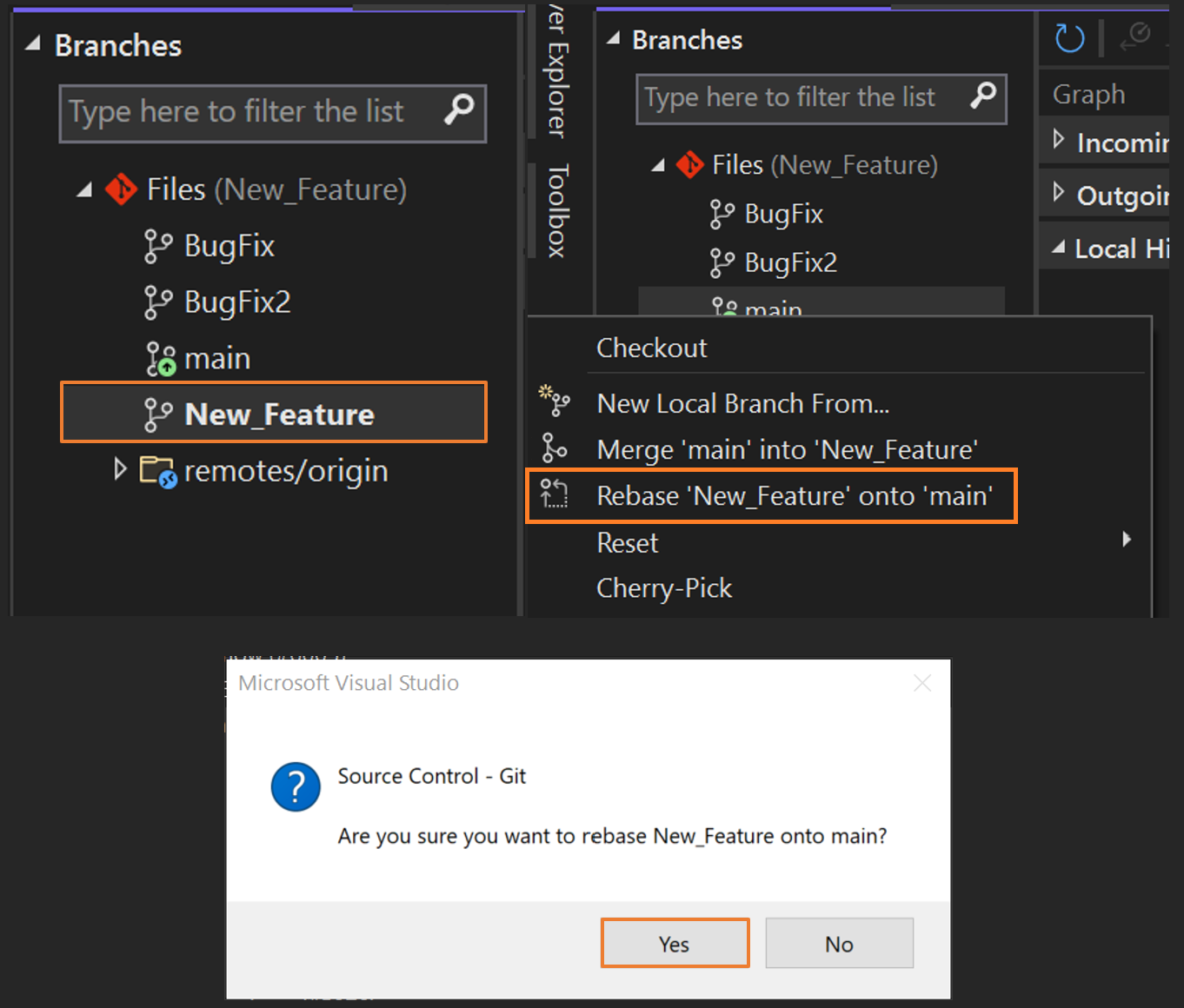 Schermopname van het herschikken van branches in Visual Studio.