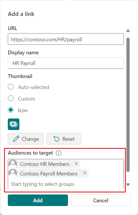 Screenshot of the resource link properties menu with the audiences to target field highlighted.