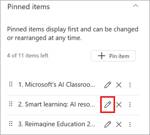 Screenshot of the pinned items property pane with the edit icon highlighted.