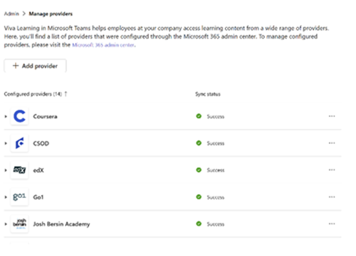 Settings page in the Microsoft 365 admin center showing the Learning app listed.