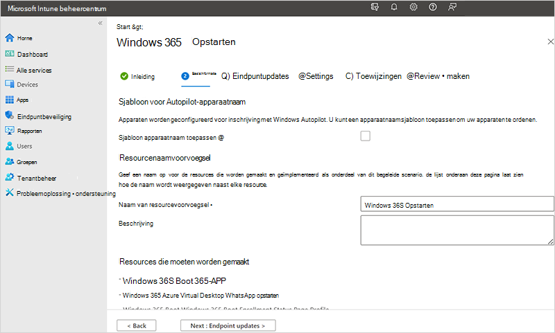 Schermopname van het tabblad Basisbeginselen van windows 365-opstartscenario.