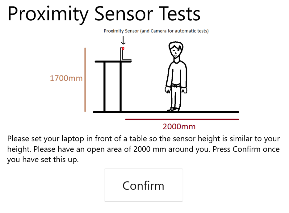 Afbeelding van een persoon die op twee meter afstand staat van een laptop die op een hoogte van 1,7 meter is geplaatst.