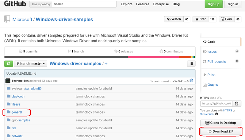 Schermopname van de GitHub-pagina met voorbeelden van Windows-stuurprogramma's, waarin de algemene map wordt gemarkeerd en de download-zipknop wordt gemarkeerd.