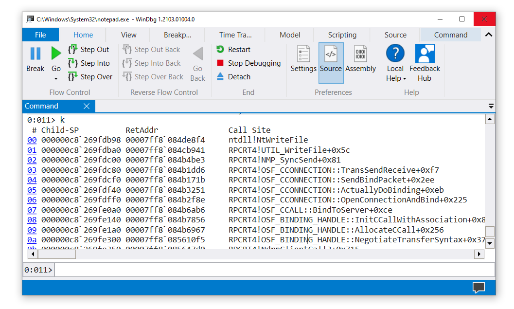 Schermopname van een stacktracering in WinDbg.