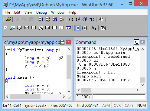 schermopname van de broncode die wordt weergegeven in WinDbg.