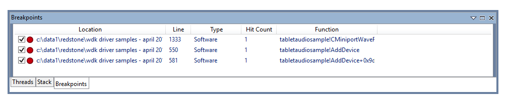 Screenshot of the breakpoint window in WinDbg debugger showing current breakpoints.