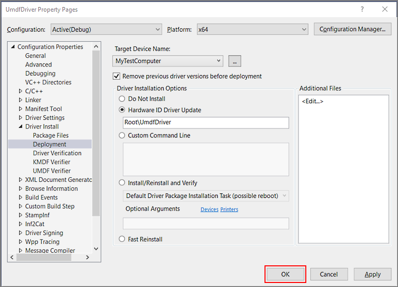 screen shot of the umdfdriver property pages, showing deployment driver install selected