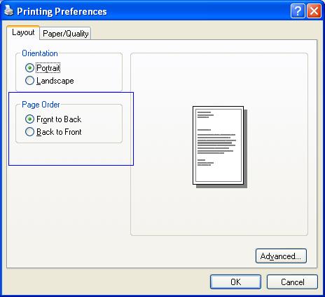 page order area on the printing preferences dialog box