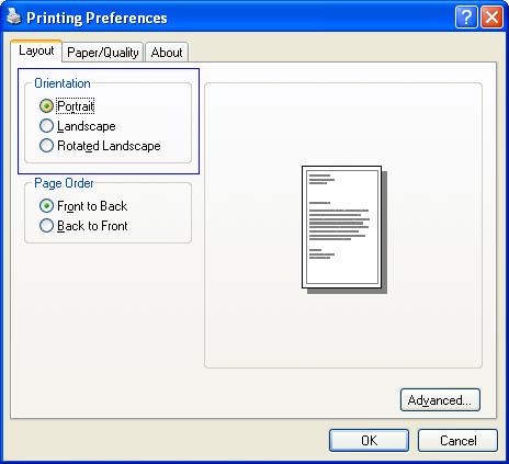 orientation area on the printing preferences dialog box