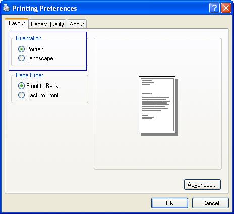 orientation area without the rotated landscape option on the printing preferences dialog box