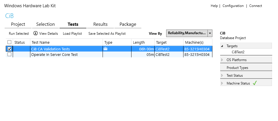 Screen shot of CiB CA Validation Tests and the Run Selected button.