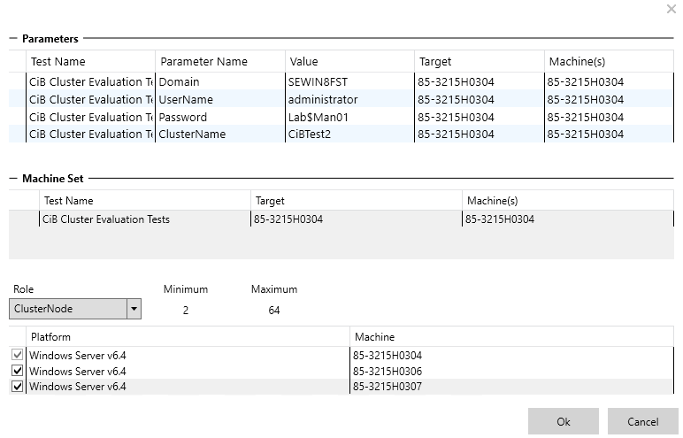 Screen shot of HLK Manager with Parameters, Machine Set, and OK button