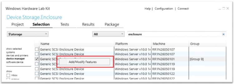 hlk studio showing add/modify features context menu