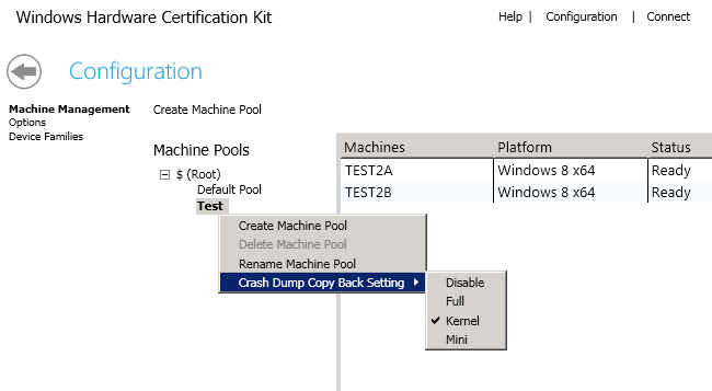 hlk configuration crashdump setting